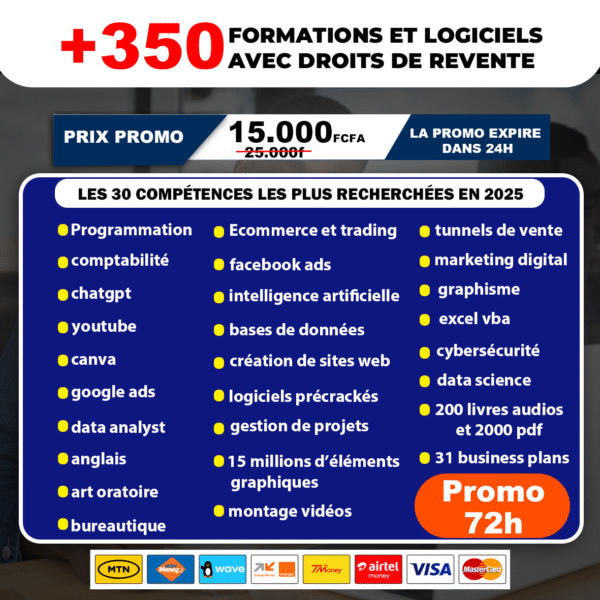 Pack 350 Formations et Logiciels avec Droits de Revente – Maîtrisez les compétences les plus recherchées en 2025